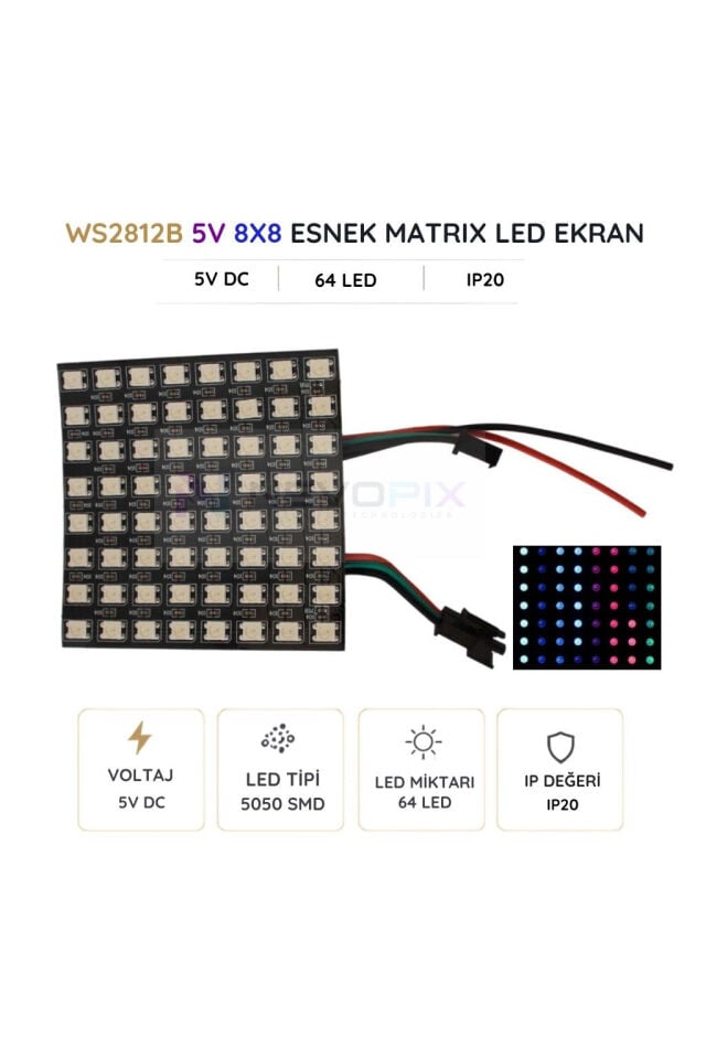 WS2812B 8x8 Esnek RGB Matrix LED Panel – 5V 64 Piksel